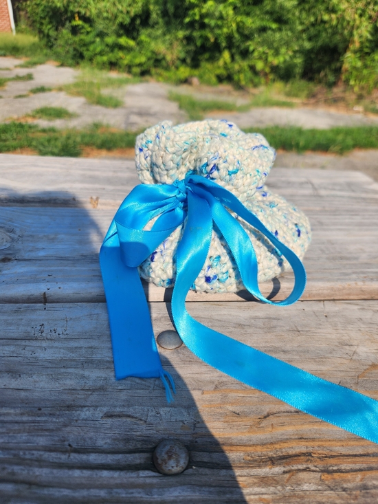 Accessories - Handmade Cream Speckled Knit Pouch with Bright Blue Satin Ribbon